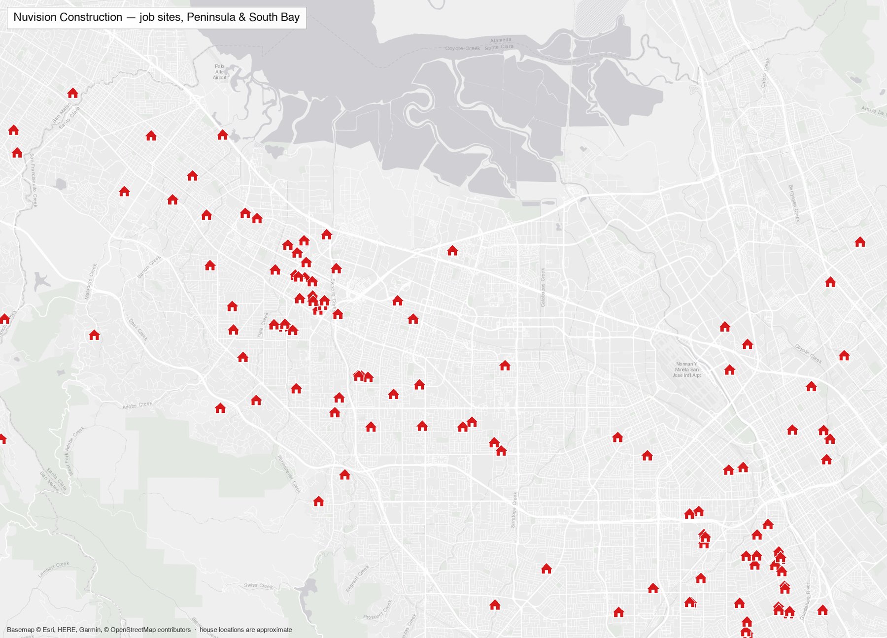 Map of the Peninsula and South Bay with a red house on each home Nuvision Construction has worked on, locations approximate